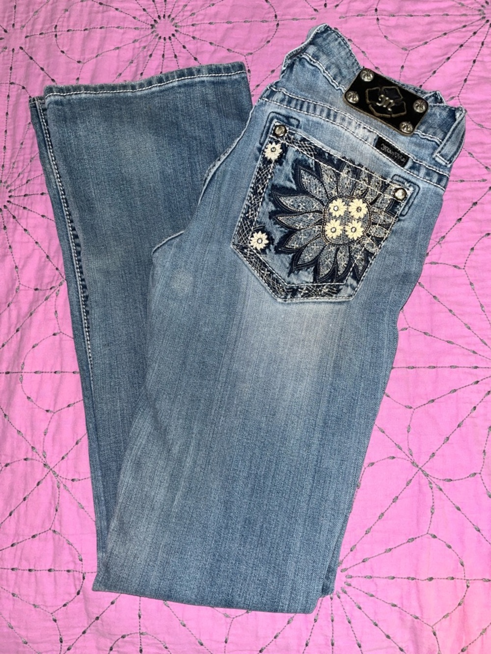 Miss Me Light Blue Boot Cut Jeans with Embroidered Floral Back Pocket